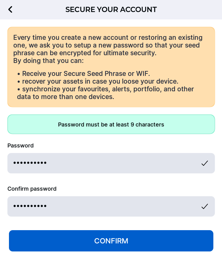 Dopamine App’s password creation screen to secure your account